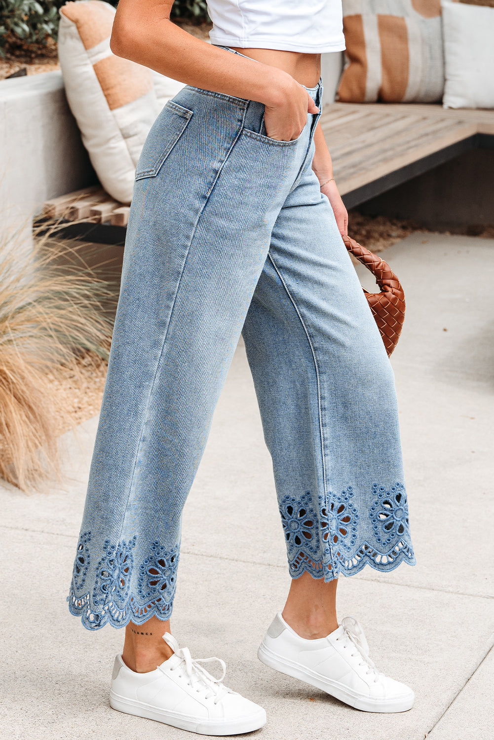 Dusk Blue Embroidered Cropped Wide Leg High Waist Jeans-Bottoms/Jeans-[Adult]-[Female]-2022 Online Blue Zone Planet