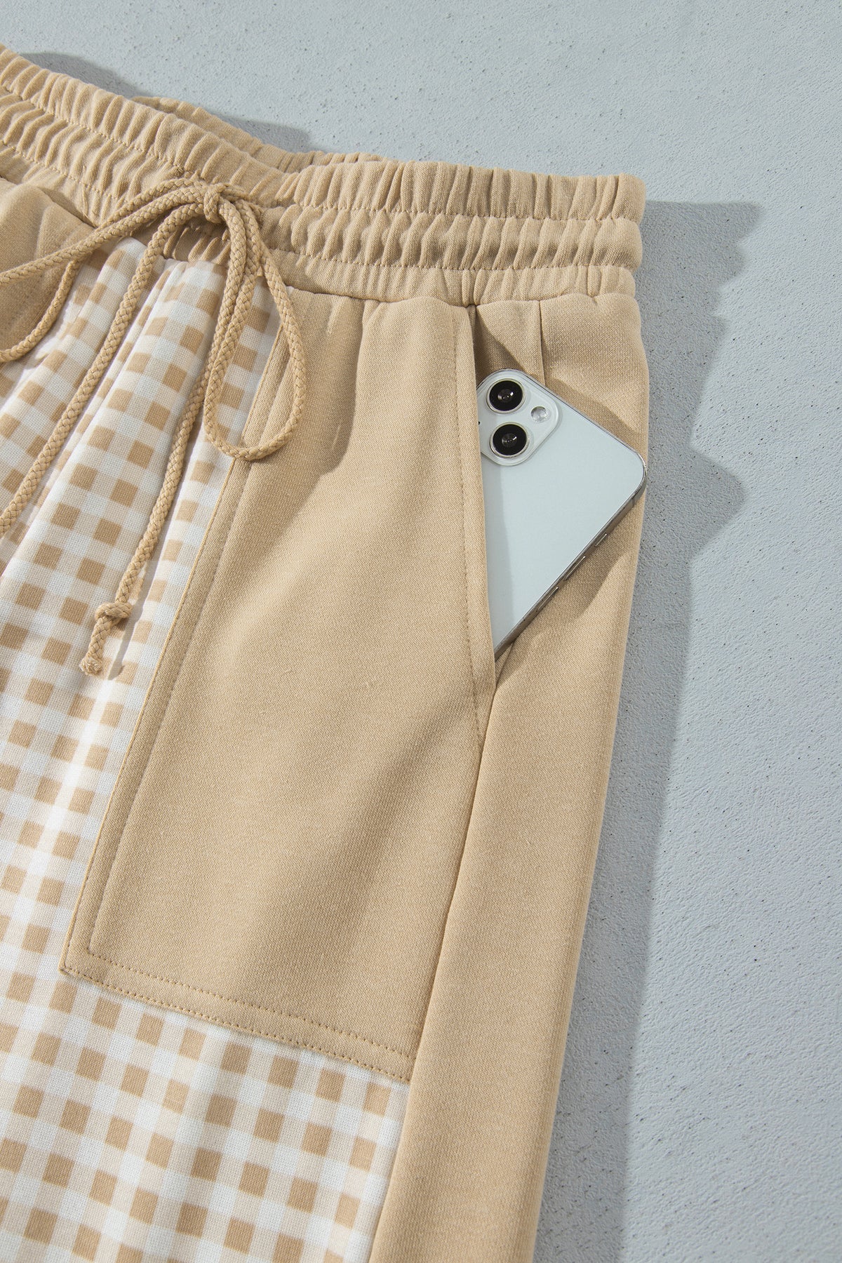 Khaki Color Block Plaid Patchwork Long Sleeve Pullover Wide Leg Pant Set-Two Piece Sets/Pant Sets-[Adult]-[Female]-2022 Online Blue Zone Planet