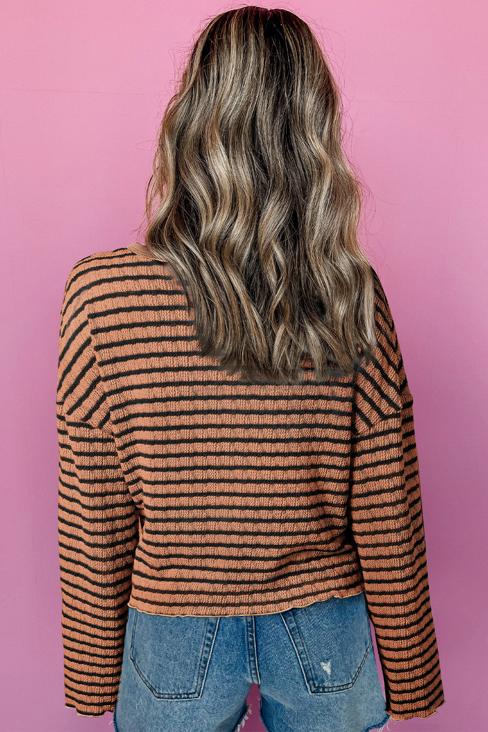 Blue Zone Planet | Brown Stripe Textured Frilly Trim Buttons Henley Long Sleeve Top-Tops/Long Sleeve Tops-[Adult]-[Female]-2022 Online Blue Zone Planet