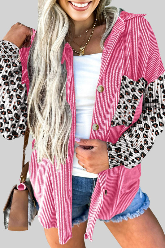 Rose Red Leopard Patched Twisted Ribbed Western Casual Shacket-Outerwear/Jackets-[Adult]-[Female]-Rose Red-S-2022 Online Blue Zone Planet