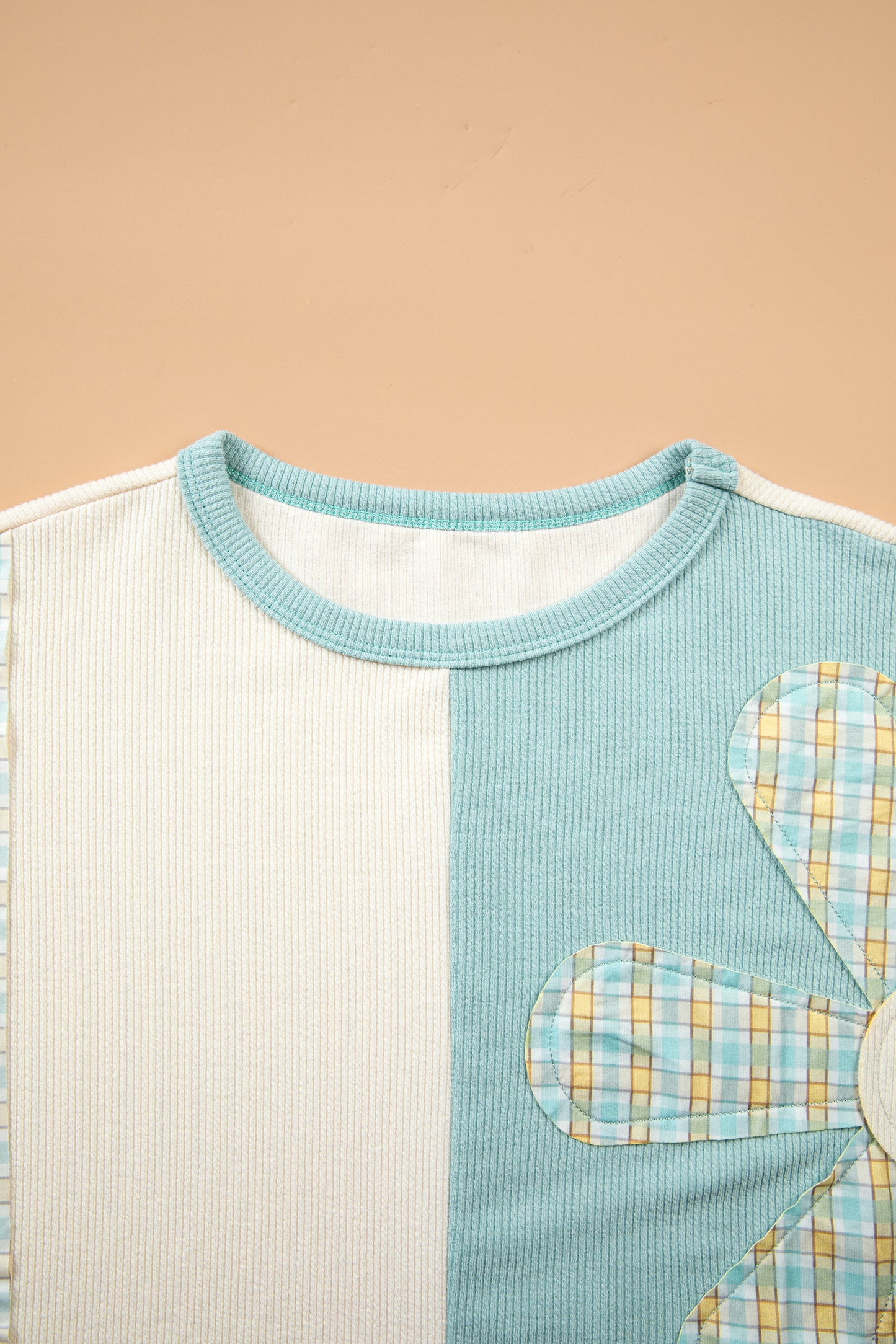 Light Blue Plaid Patchwork Round Neck Long Sleeve Top-Tops/Long Sleeve Tops-[Adult]-[Female]-2022 Online Blue Zone Planet