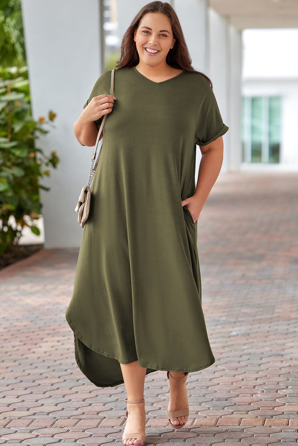 Green Plus Size V Neck Rolled Cuffs Maxi Dress-TOPS / DRESSES-[Adult]-[Female]-Green-1X-2022 Online Blue Zone Planet