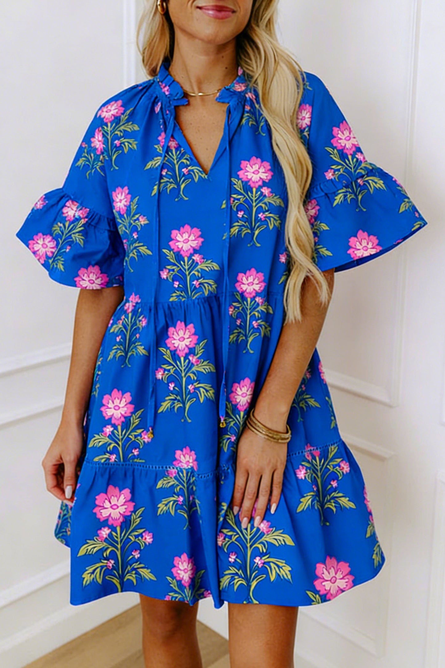 Blue V Neck Short Sleeve Loose Flower Dress-Dresses/Floral Dresses-[Adult]-[Female]-Blue-S-2022 Online Blue Zone Planet