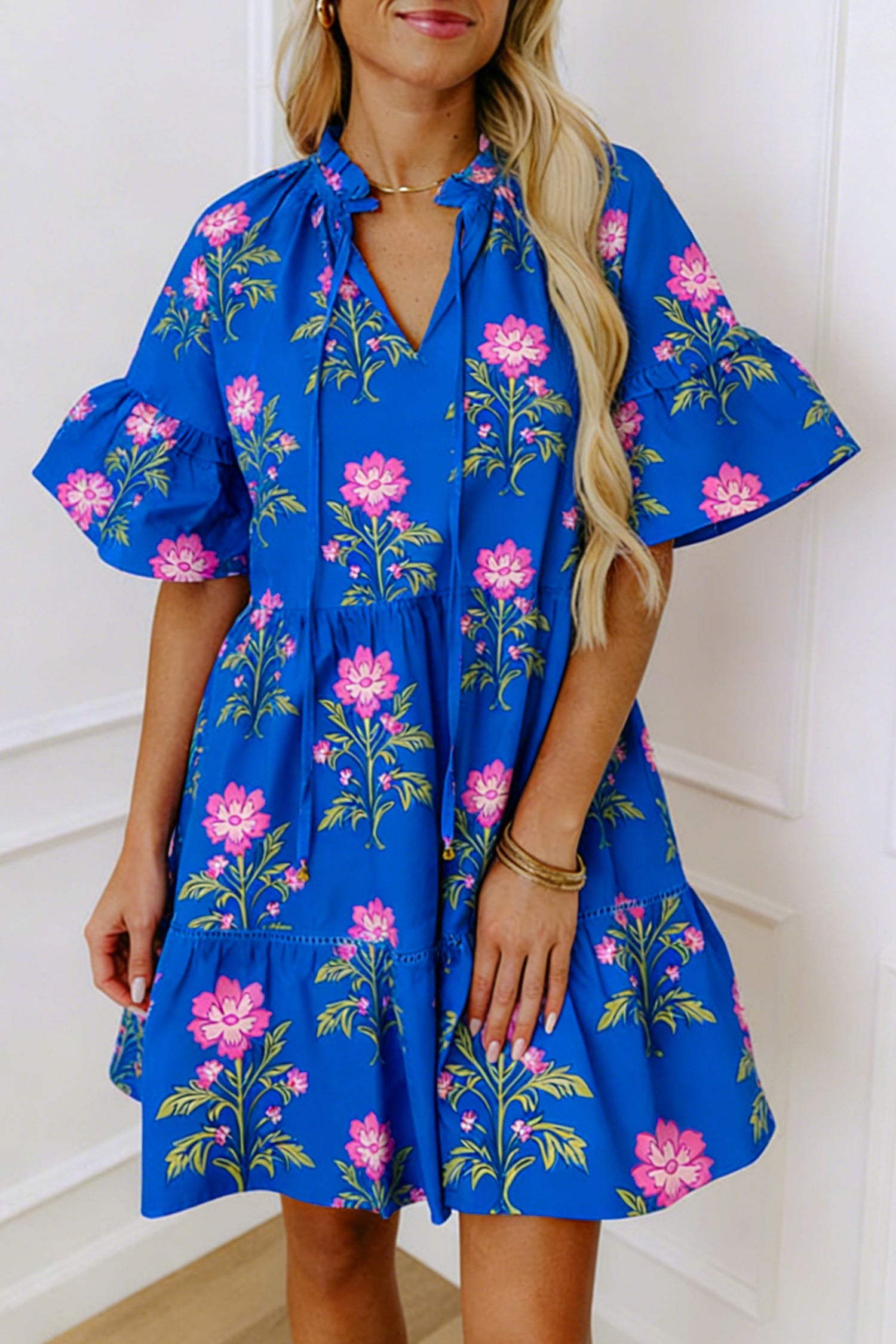 Blue V Neck Short Sleeve Loose Flower Dress-Dresses/Floral Dresses-[Adult]-[Female]-Blue-S-2022 Online Blue Zone Planet