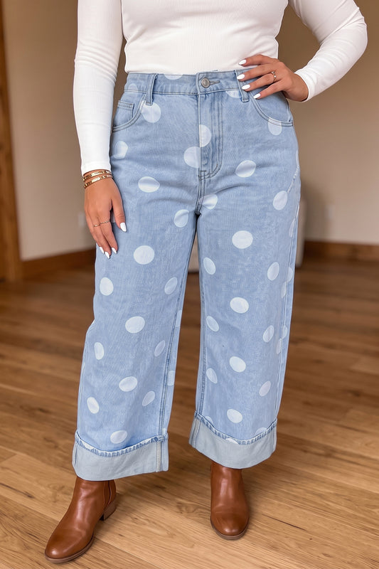 Sky Blue Polka Dot Full Length Regular Fit Plus Size Jeans-Plus Size/Plus Size Bottoms-[Adult]-[Female]-Sky Blue-1X-2022 Online Blue Zone Planet