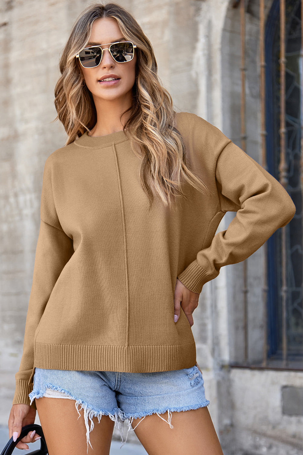 Light French Beige Front Center Seam Drop Shoulder Pullover Solid Sweater-TOPS / DRESSES-[Adult]-[Female]-Light French Beige-S-2022 Online Blue Zone Planet