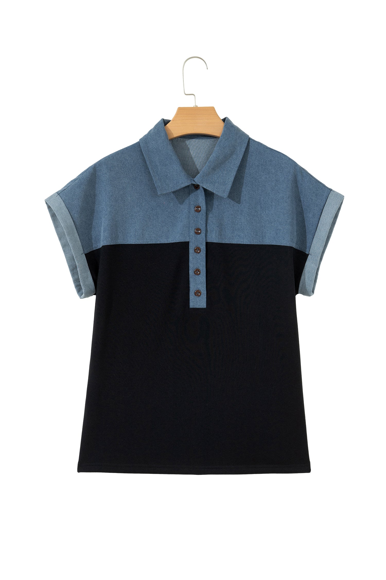 Black Color Block Denim Patchwork Button Polo Collar Short Sleeve Top-Tops/Blouses & Shirts-[Adult]-[Female]-2022 Online Blue Zone Planet