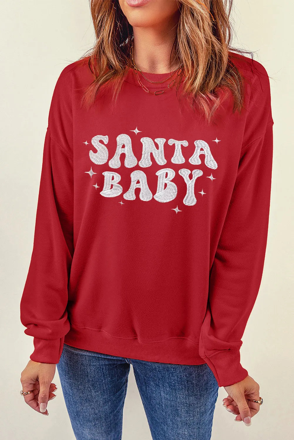 SANTA BABY Round Neck Long Sleeve Sweatshirt-TOPS / DRESSES-[Adult]-[Female]-2022 Online Blue Zone Planet