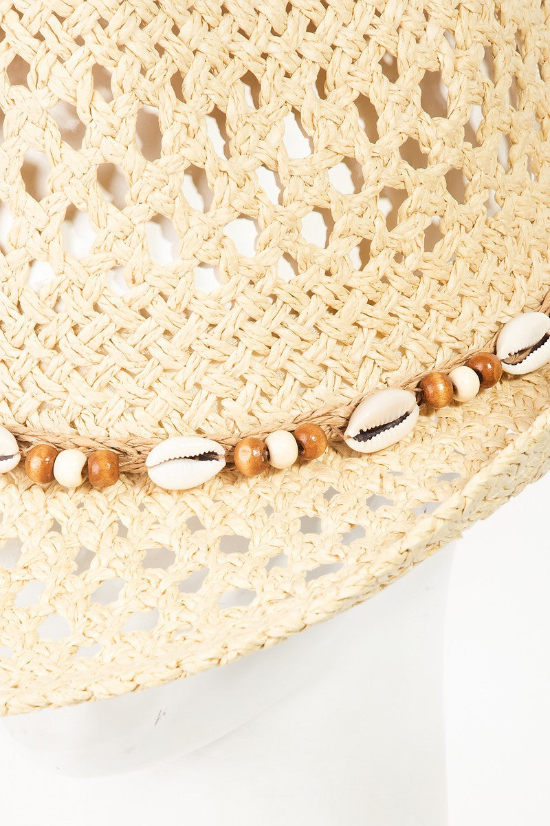 Fame Cowrie Shell Beaded String Straw Hat-HATS-[Adult]-[Female]-2022 Online Blue Zone Planet