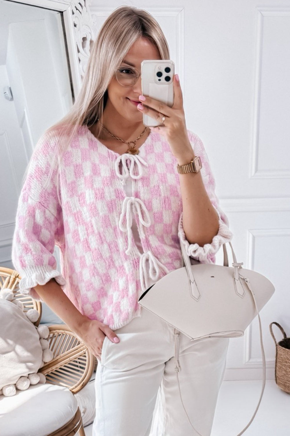 Light Pink Checkered Knitted Lace-up Ruffled 3/4 Sleeve Cardigan-Sweaters & Cardigans/Cardigans-[Adult]-[Female]-2022 Online Blue Zone Planet