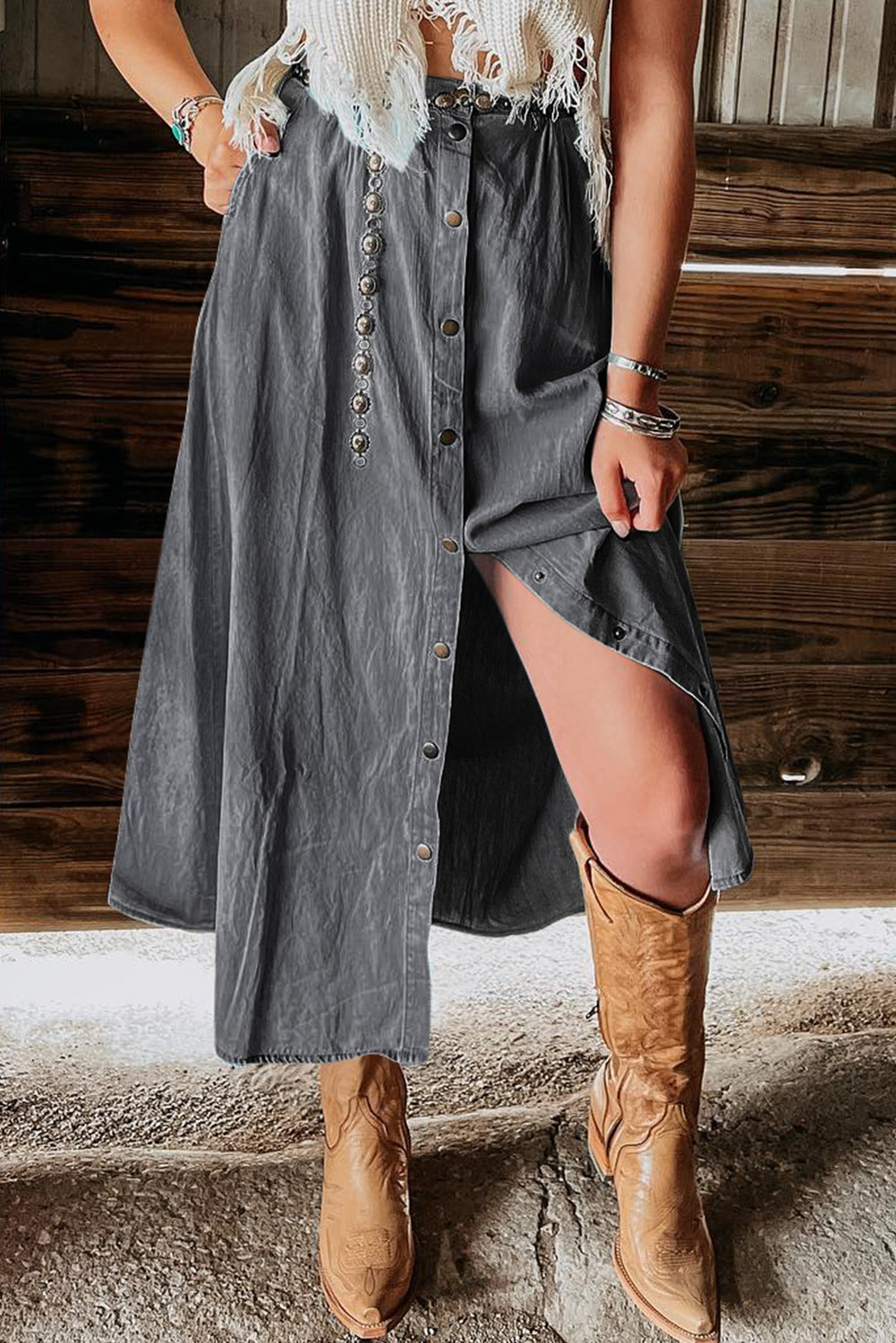 Dark Grey Fully Buttoned Long Denim Skirt-Bottoms/Skirts & Petticoat-[Adult]-[Female]-Dark Grey-S-2022 Online Blue Zone Planet