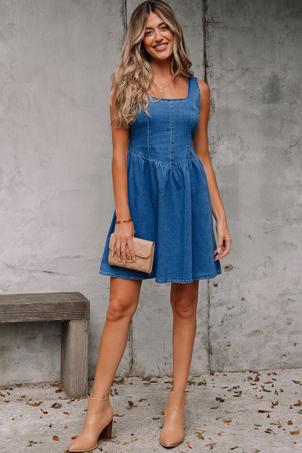 Sail Blue Square Neck Bowknot A-line Sleeveless Denim Dress-TOPS / DRESSES-[Adult]-[Female]-2022 Online Blue Zone Planet
