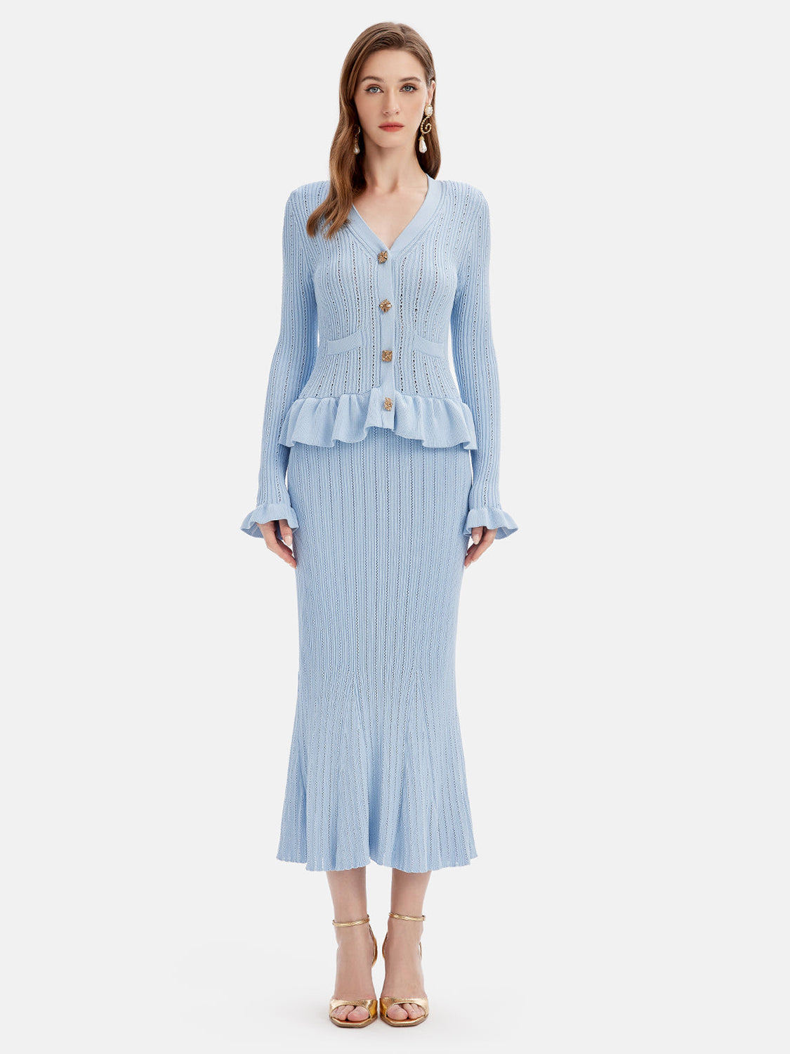 Blue Zone Planet | Ruffled V-Neck Top and Midi Skirt Sweater Set-TOPS / DRESSES-[Adult]-[Female]-2022 Online Blue Zone Planet