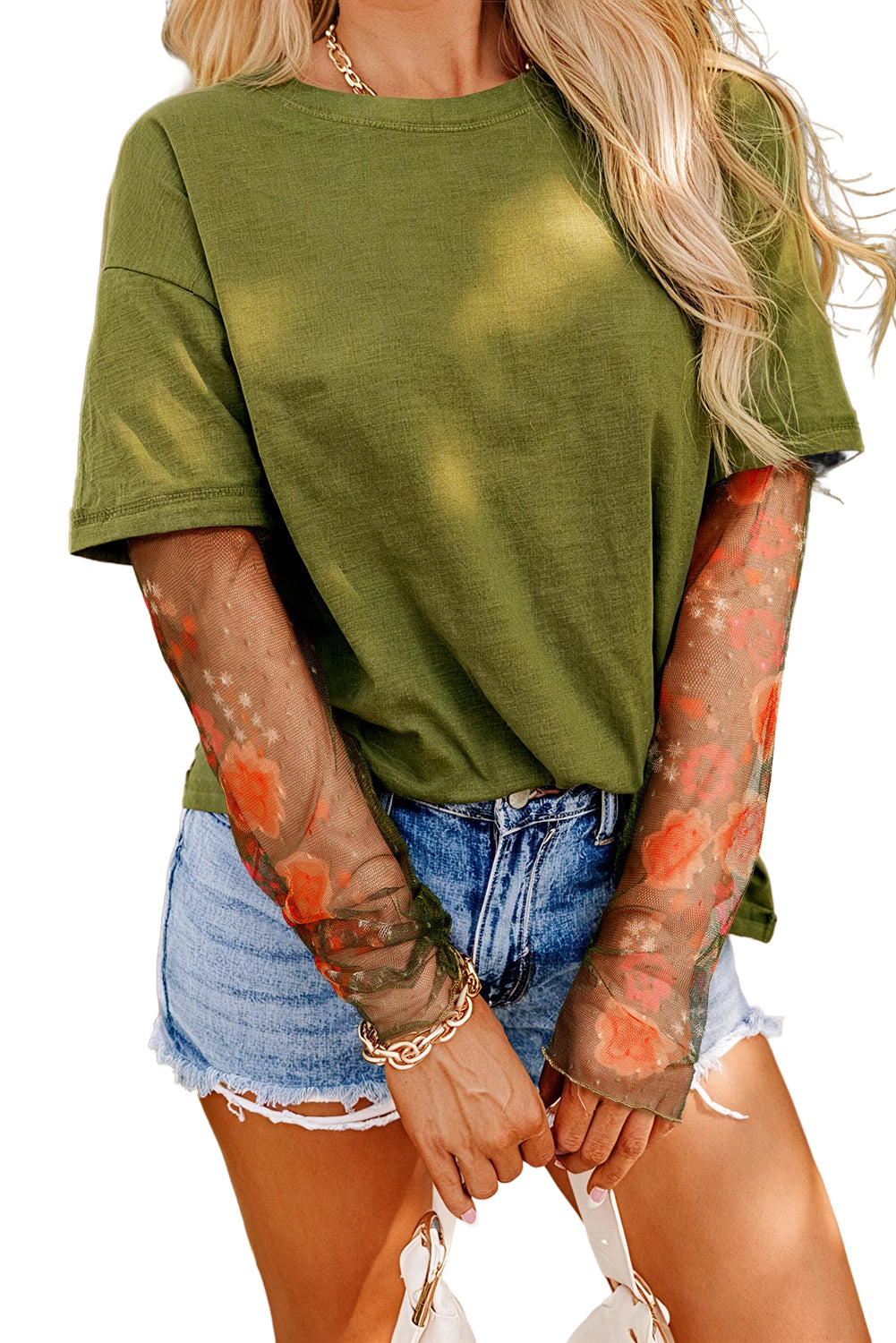 Blue Zone Planet | Fern Green Floral Mesh Patchwork Sleeve Crewneck Top-Long Sleeve Tops-[Adult]-[Female]-2022 Online Blue Zone Planet