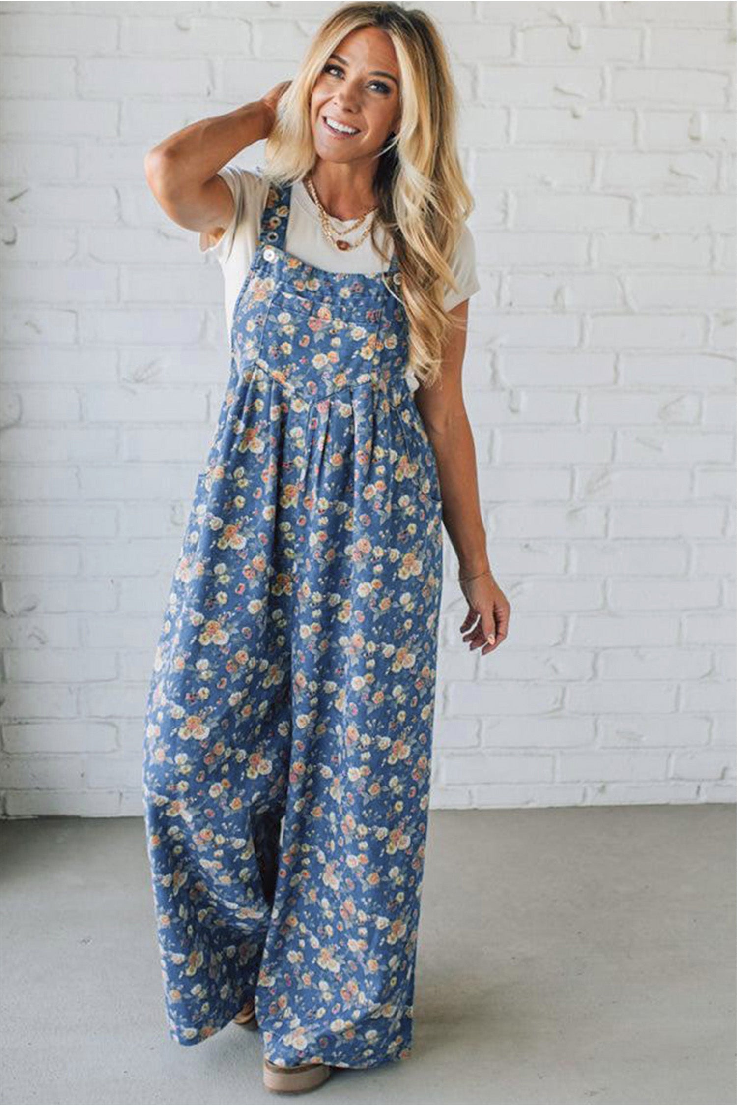 Blue Vintage Rose Printed Pleated Loose Denim Overall Jumpsuit-Bottoms/Jumpsuits & Rompers-[Adult]-[Female]-2022 Online Blue Zone Planet