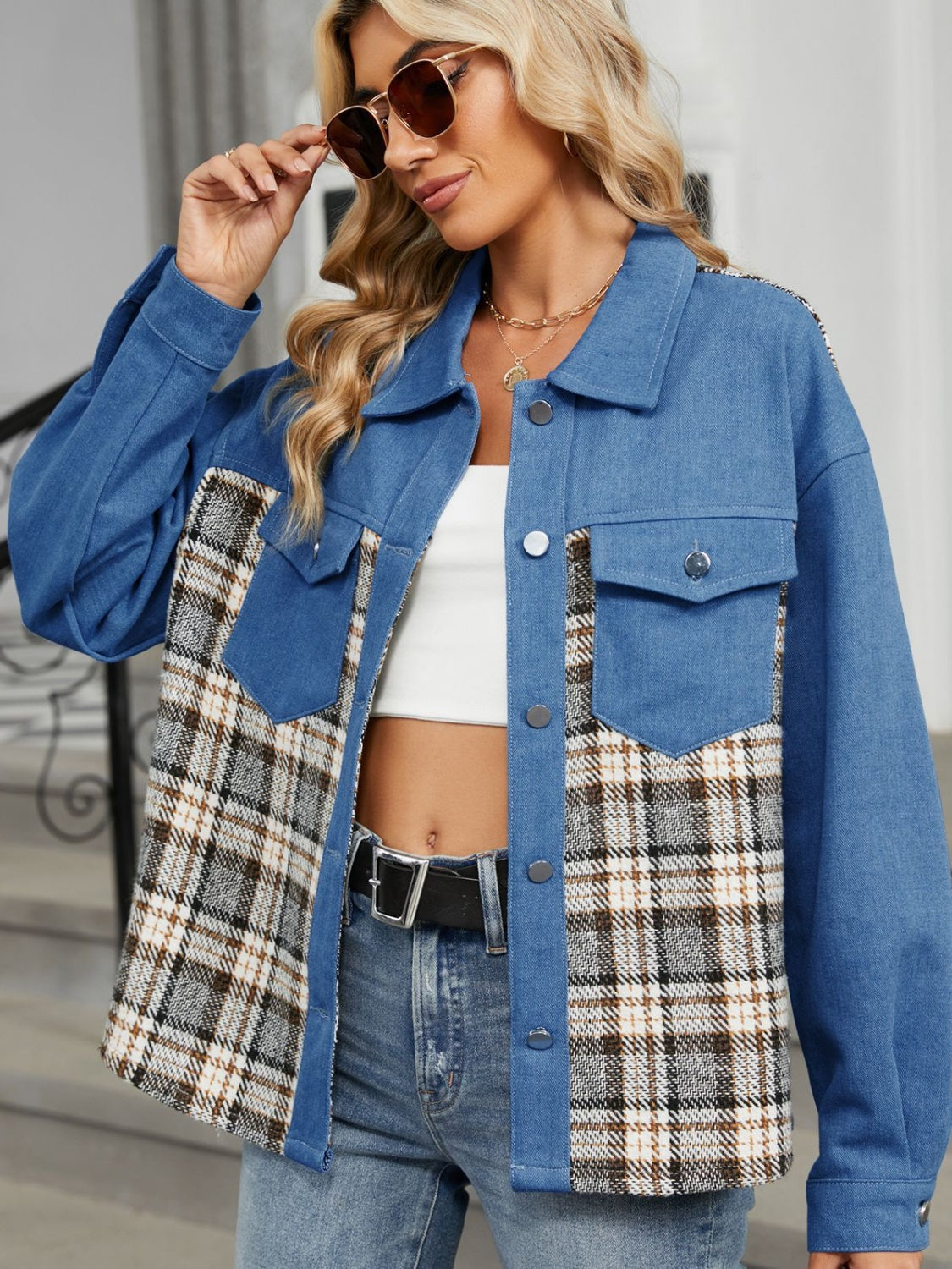 Plaid Button Up Long Sleeve Denim Jacket-TOPS / DRESSES-[Adult]-[Female]-2022 Online Blue Zone Planet