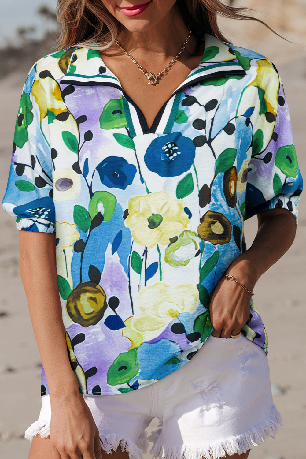 Light Blue Floral Print Slit V Neck Short Sleeve Blouse-Tops/Blouses & Shirts-[Adult]-[Female]-Light Blue-S-2022 Online Blue Zone Planet