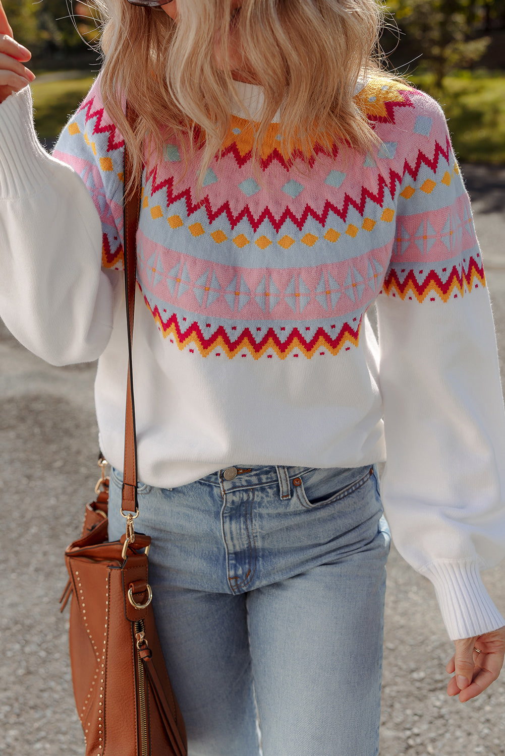White Ethnic Geometric Colorblock Print Drop Shoulder Sweater-Sweaters & Cardigans/Sweaters-[Adult]-[Female]-2022 Online Blue Zone Planet