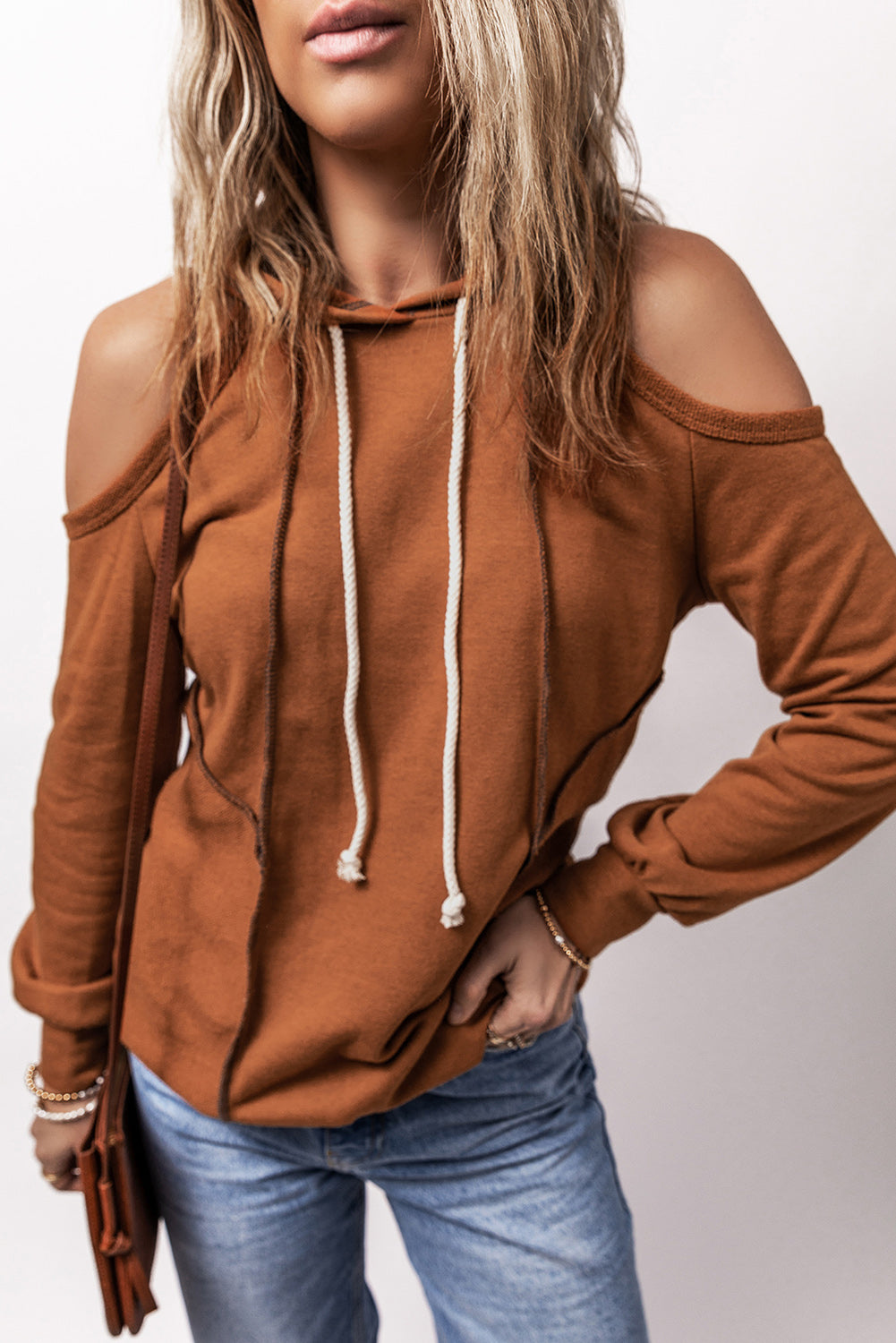 Cold Shoulder Long Sleeve Hoodie-HOODIES-[Adult]-[Female]-Caramel-S-2022 Online Blue Zone Planet