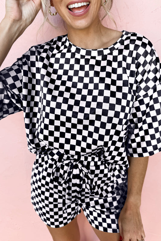 Black Checkered Top and Short Casual 2pcs Set-Loungewear & Sleepwear/Loungewear-[Adult]-[Female]-Black-S-2022 Online Blue Zone Planet