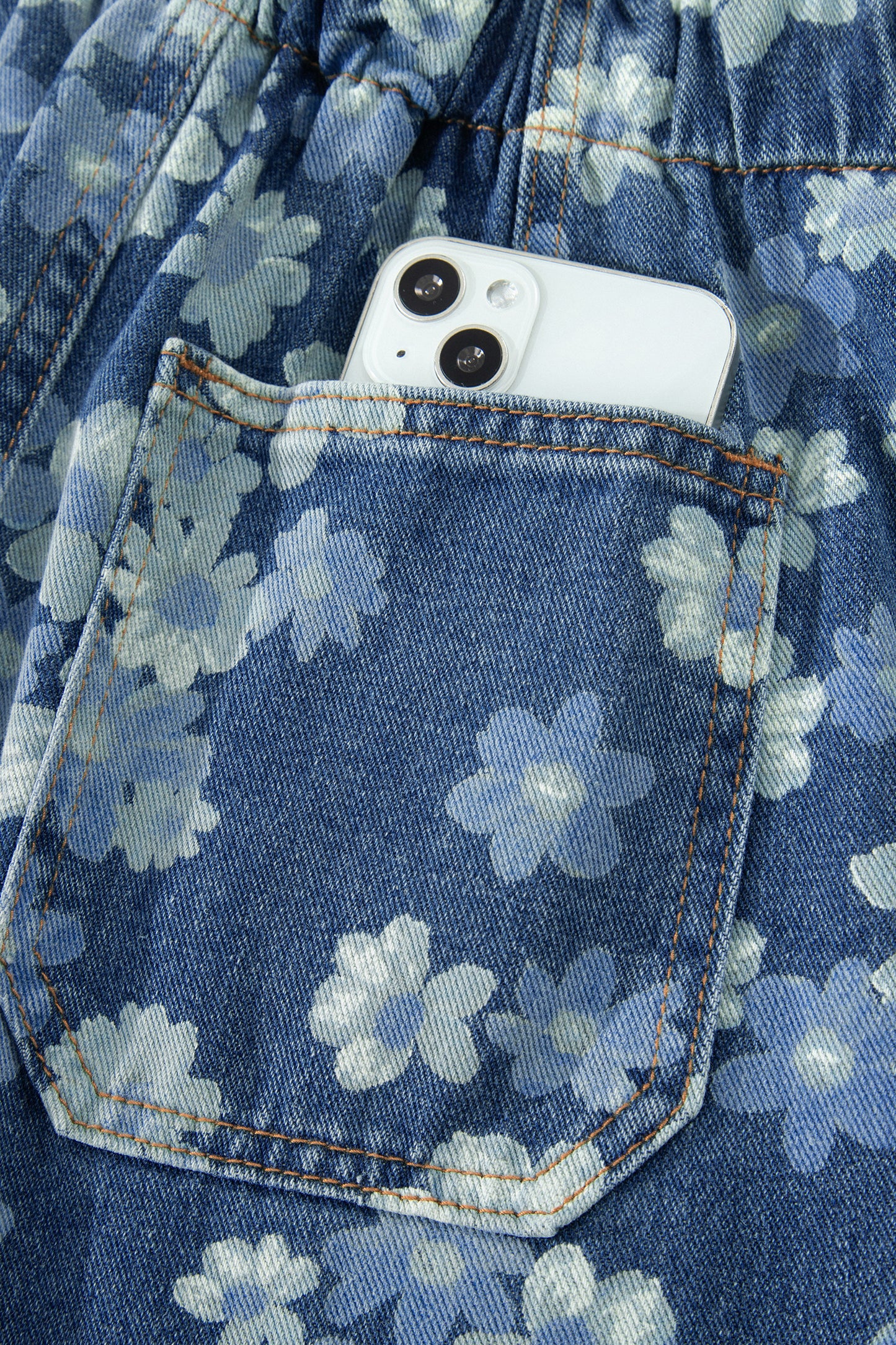 Sky Blue Dainty Floral Printed Drawstring Barrel Jeans-Bottoms/Jeans-[Adult]-[Female]-2022 Online Blue Zone Planet