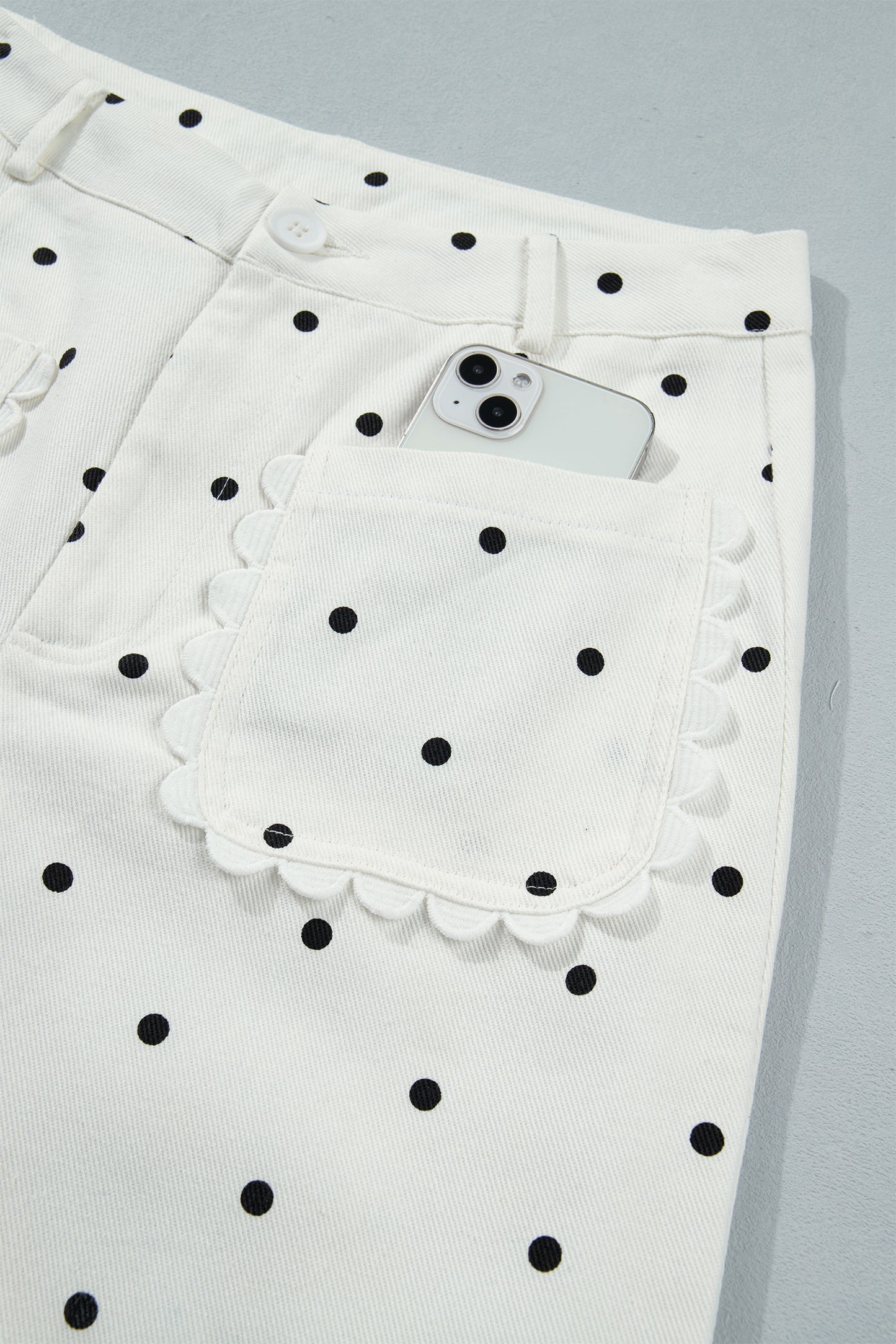 White Polka Dot Print Scalloped Patch Pocket Cotton Shift Pants-Bottoms/Pants & Culotte-[Adult]-[Female]-2022 Online Blue Zone Planet