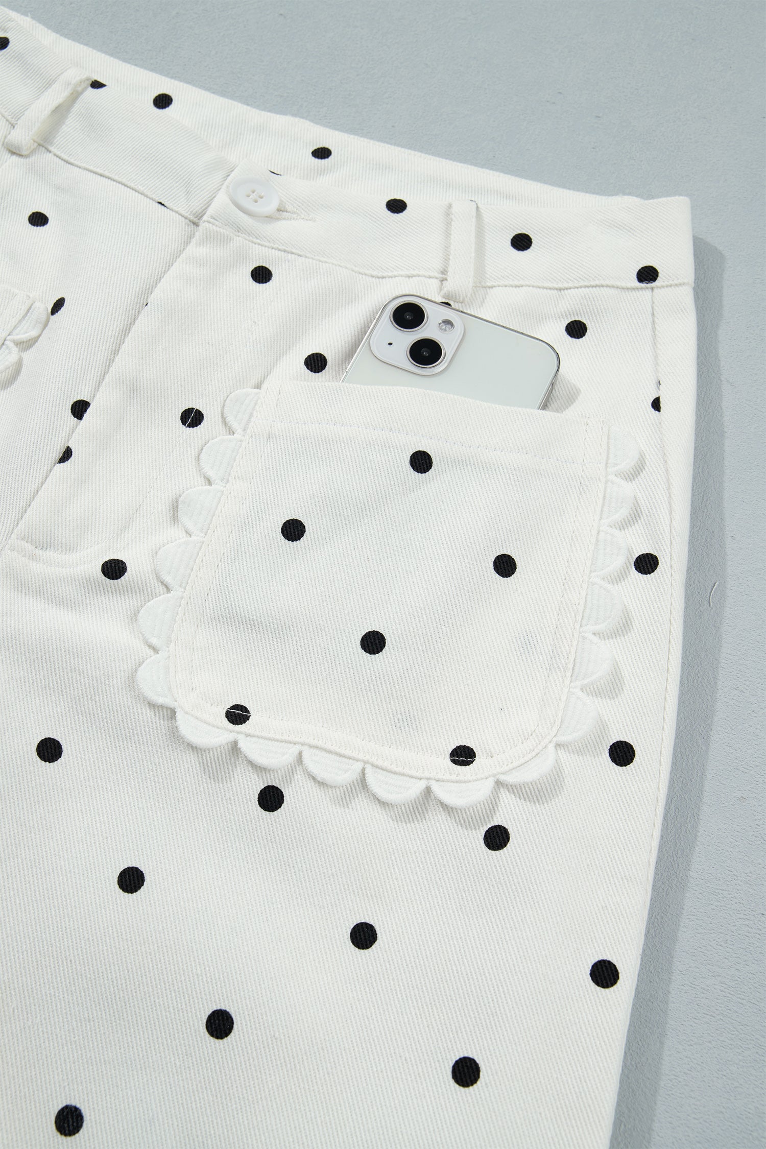 White Polka Dot Print Scalloped Patch Pocket Cotton Shift Pants-Bottoms/Pants & Culotte-[Adult]-[Female]-2022 Online Blue Zone Planet