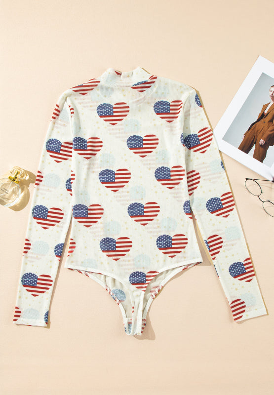 US Flag Heart Mock Neck Long Sleeve Bodysuit-TOPS / DRESSES-[Adult]-[Female]-2022 Online Blue Zone Planet