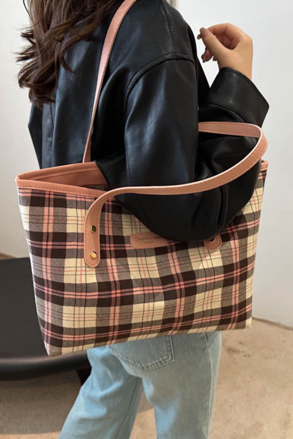 Plaid PU Leather Tote Bag-HANDBAGS-[Adult]-[Female]-2022 Online Blue Zone Planet