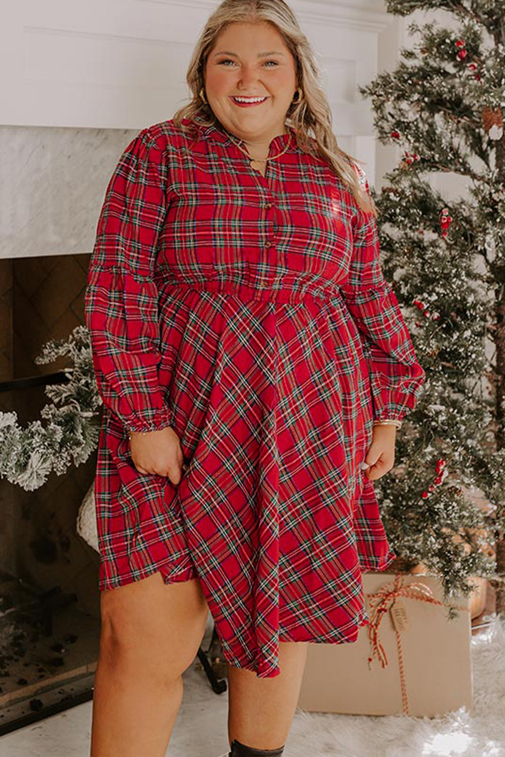 Red Plus Size Plaid Half Button Long Sleeve Holiday Dress-TOPS / DRESSES-[Adult]-[Female]-2022 Online Blue Zone Planet