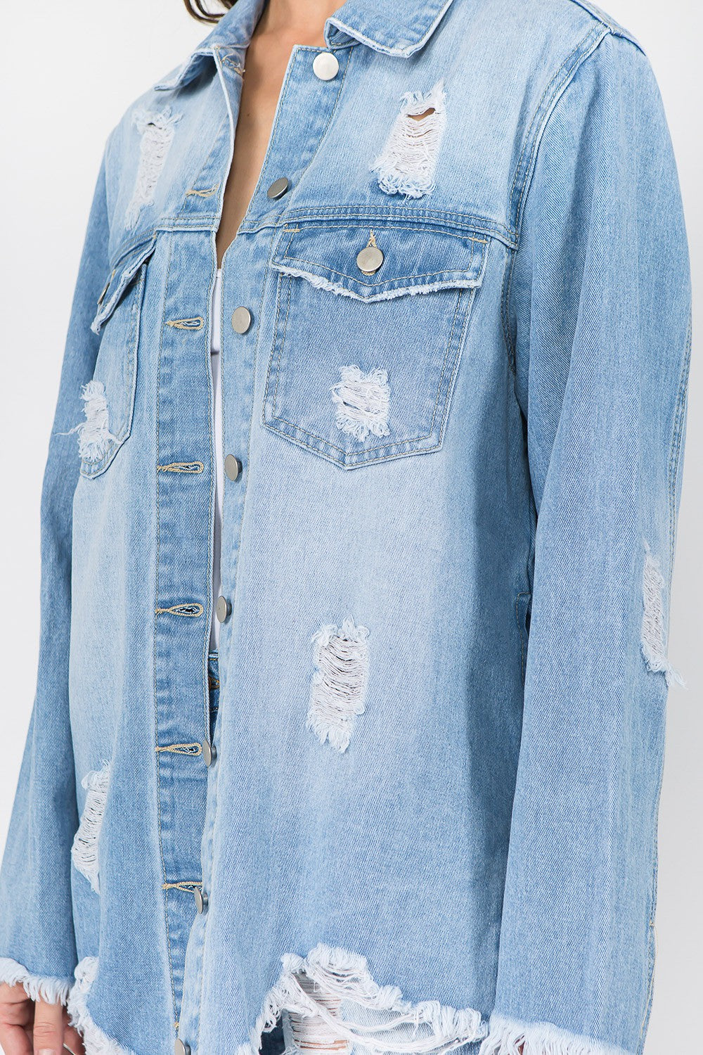 American Bazi Distressed Frayed Hem Denim Jacket-TOPS / DRESSES-[Adult]-[Female]-2022 Online Blue Zone Planet