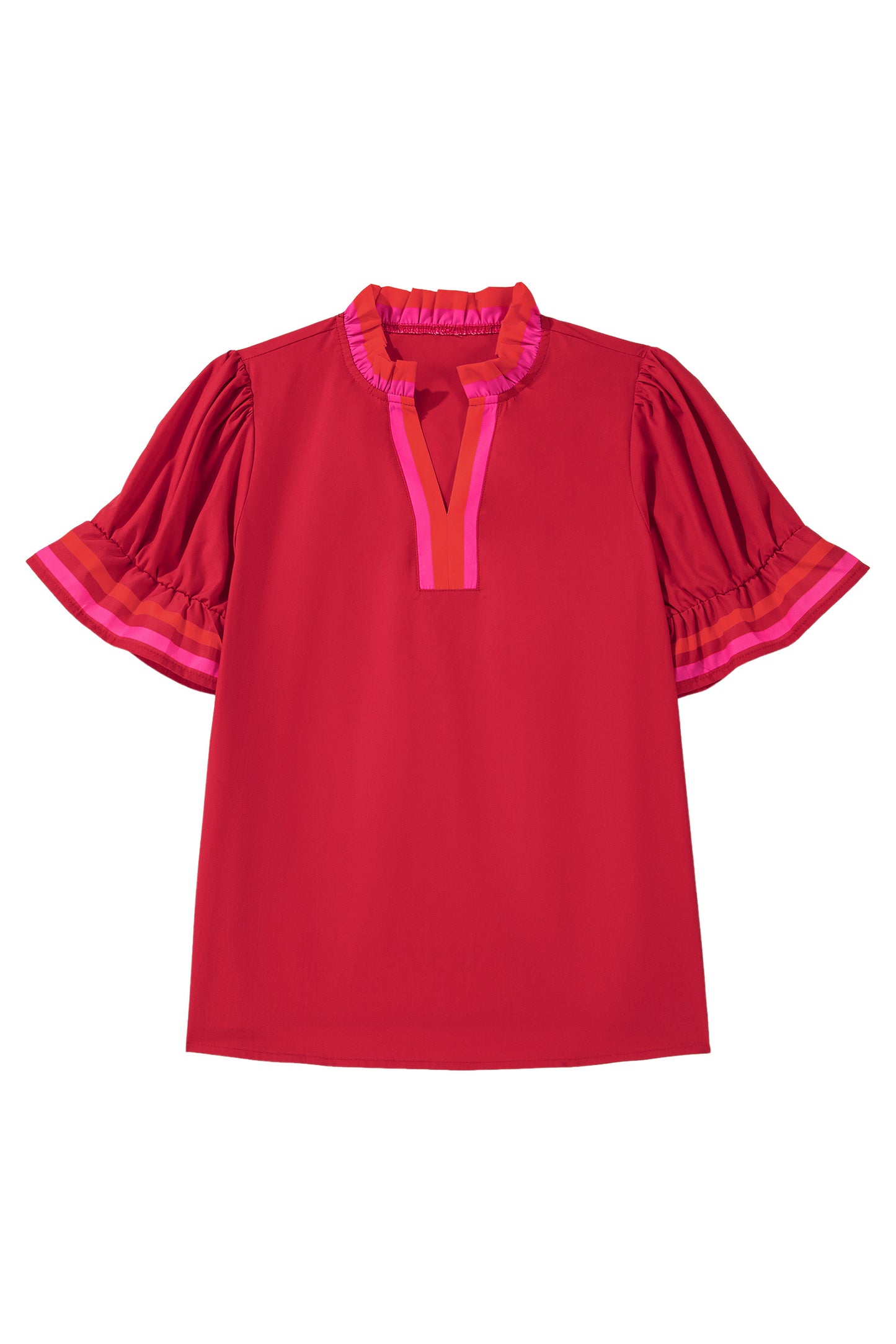 Fiery Red Striped Frilled Collar Ruffled Short Sleeve Blouse-Tops/Blouses & Shirts-[Adult]-[Female]-2022 Online Blue Zone Planet
