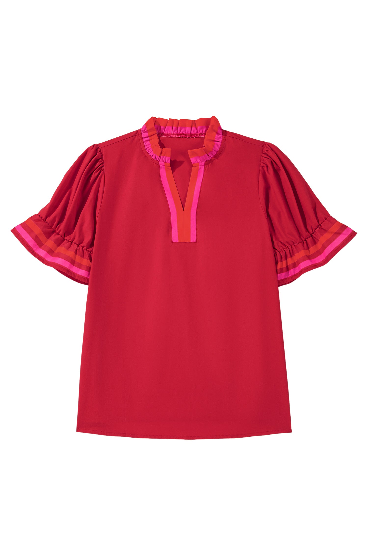 Fiery Red Striped Frilled Collar Ruffled Short Sleeve Blouse-Tops/Blouses & Shirts-[Adult]-[Female]-2022 Online Blue Zone Planet