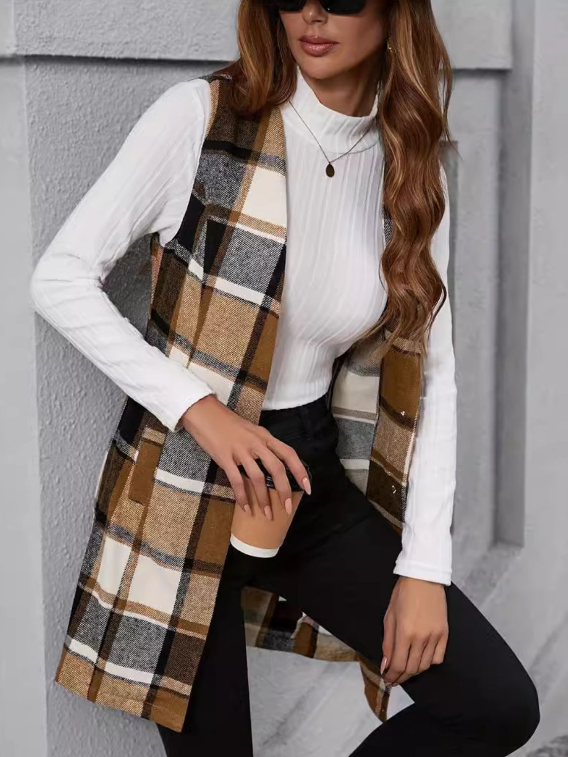 Plaid V-Neck Vest Coat-[Adult]-[Female]-2022 Online Blue Zone Planet