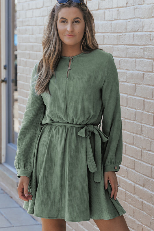 Blue Zone Planet | Jungle Green Button Neck Puff Sleeve Belted Pleated Mini Dress-TOPS / DRESSES-[Adult]-[Female]-Pickle Green-S-2022 Online Blue Zone Planet