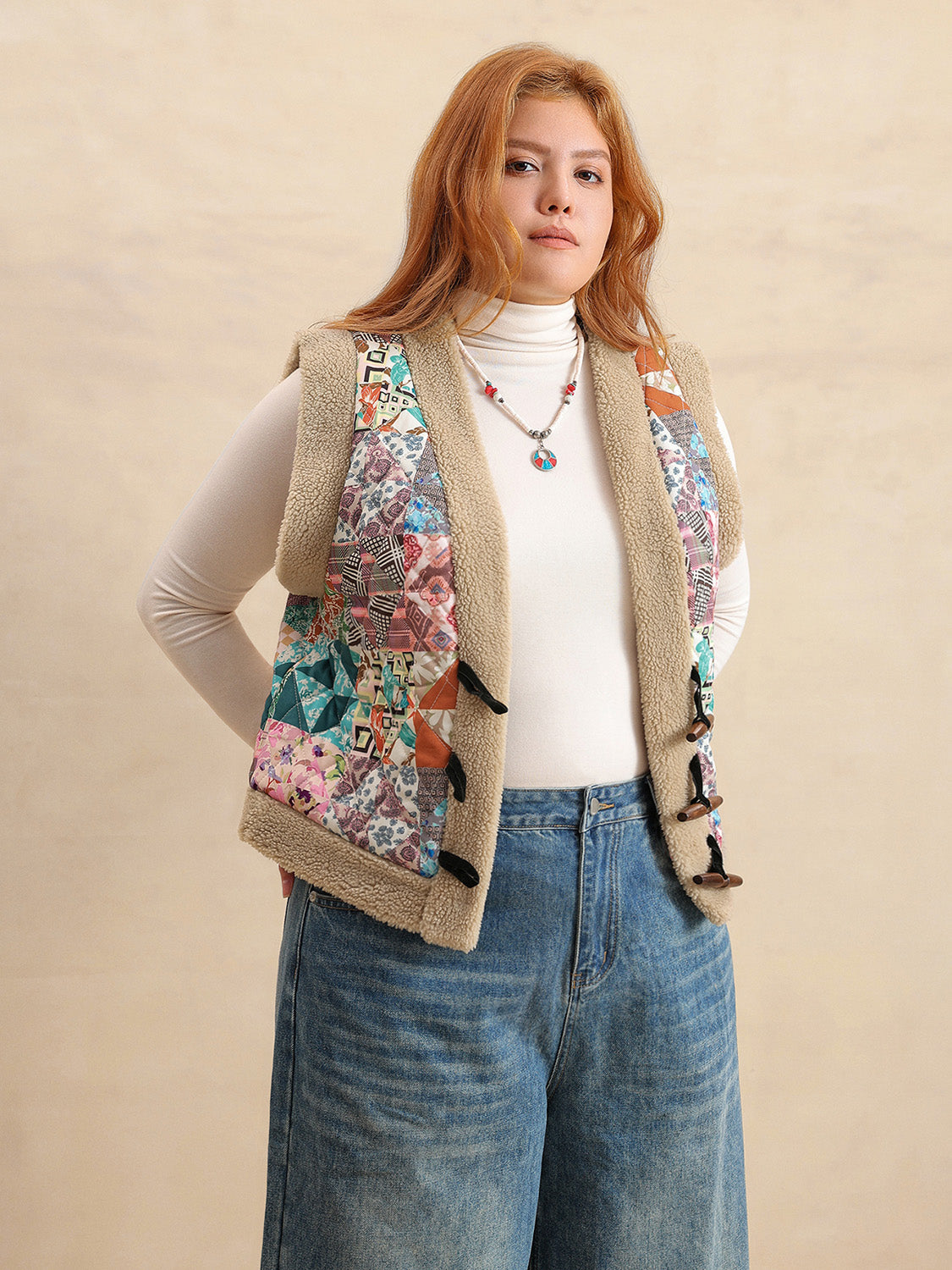 Plus Size Printed Sherpa Vest Coat-TOPS / DRESSES-[Adult]-[Female]-2022 Online Blue Zone Planet