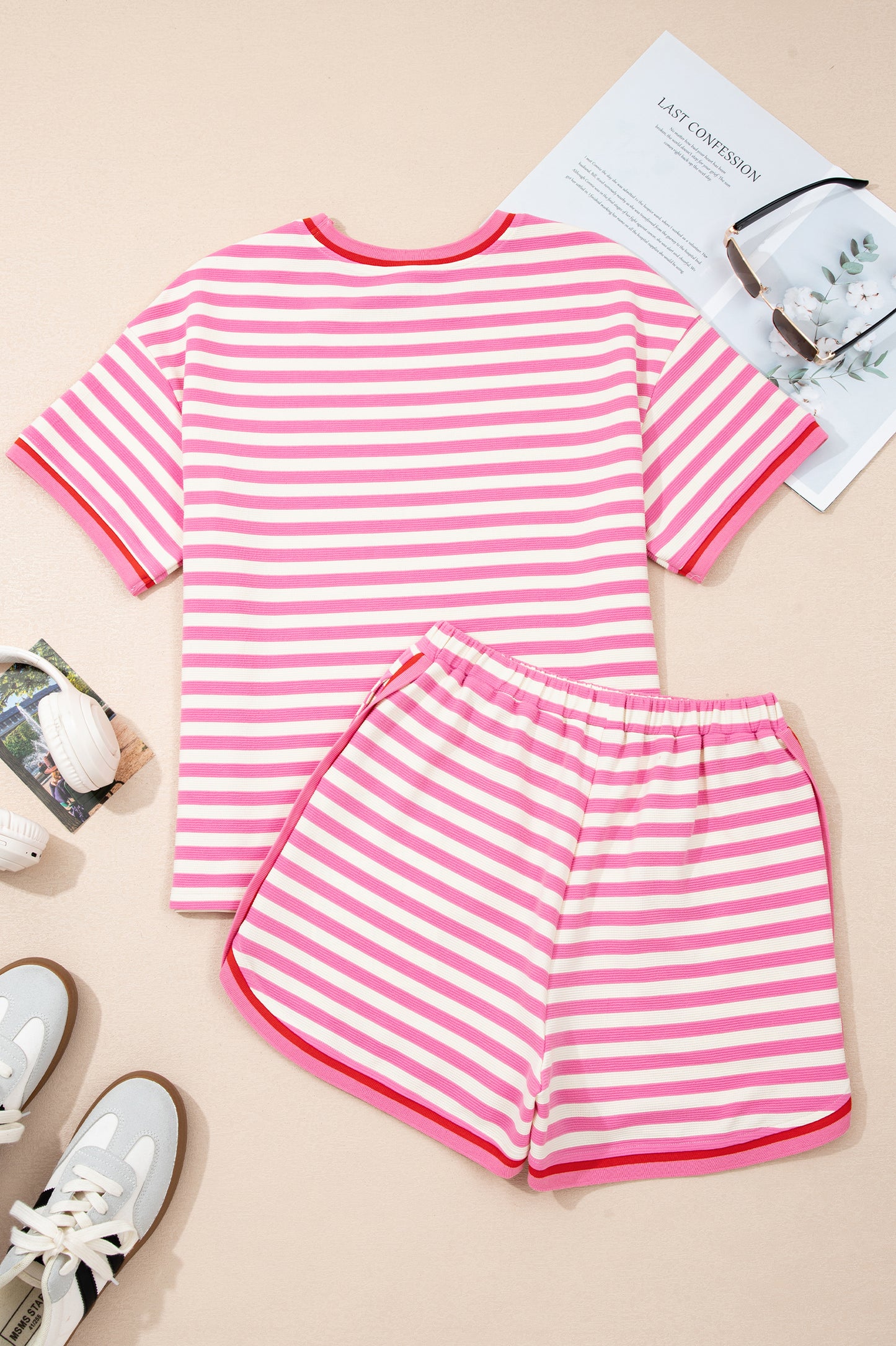 Pink Stripe Contrast Trim Short Sleeve Top Loose Shorts 2pcs Casual Outfit-Two Piece Sets/Short Sets-[Adult]-[Female]-2022 Online Blue Zone Planet