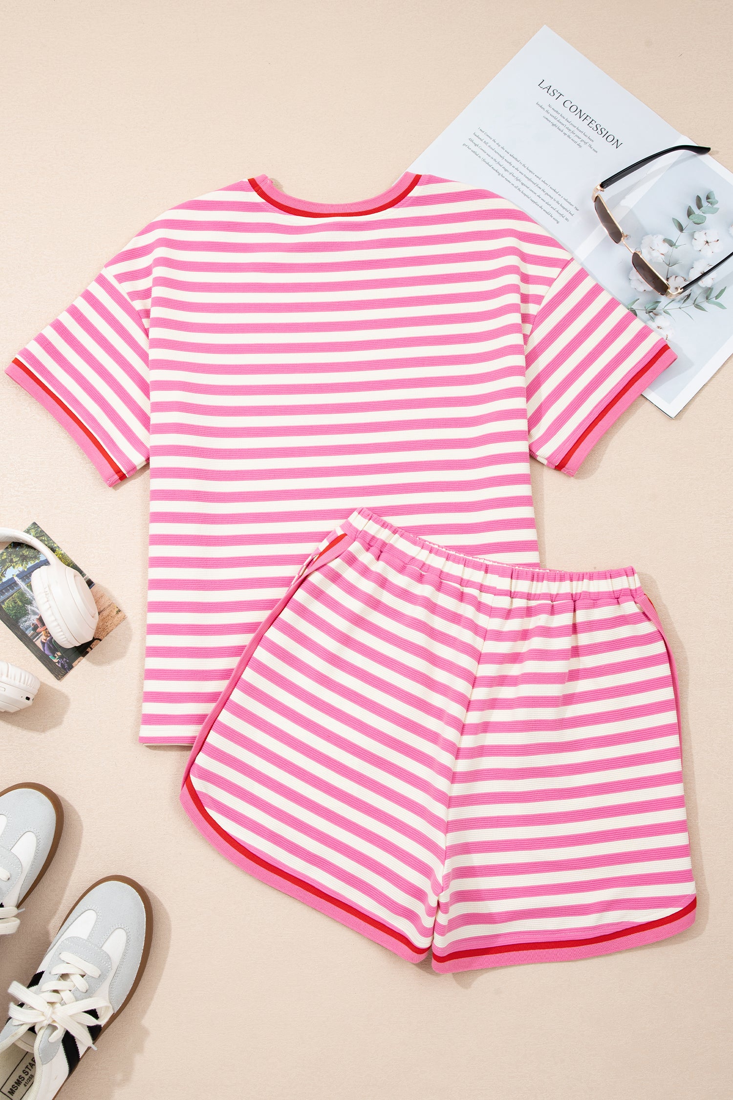 Pink Stripe Contrast Trim Short Sleeve Top Loose Shorts 2pcs Casual Outfit-Two Piece Sets/Short Sets-[Adult]-[Female]-2022 Online Blue Zone Planet