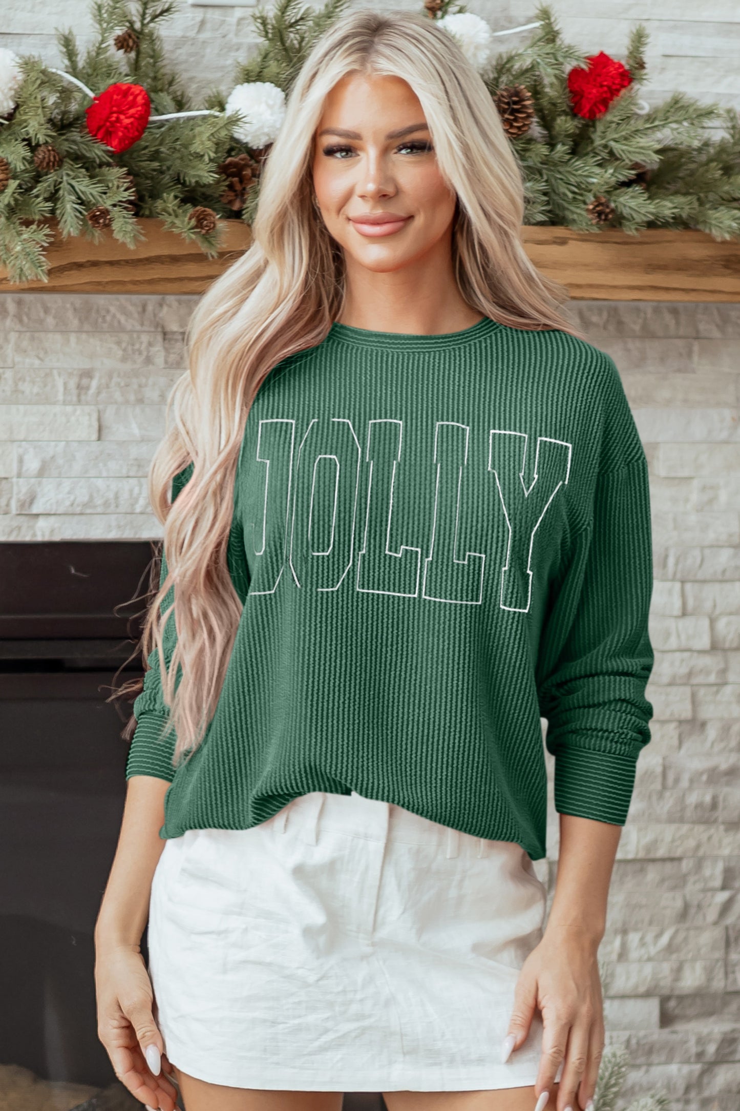 Blackish Green Twisted Rib Outlined Merry Letter Graphic Loose Long Sleeve Top-Tops/Long Sleeve Tops-[Adult]-[Female]-2022 Online Blue Zone Planet