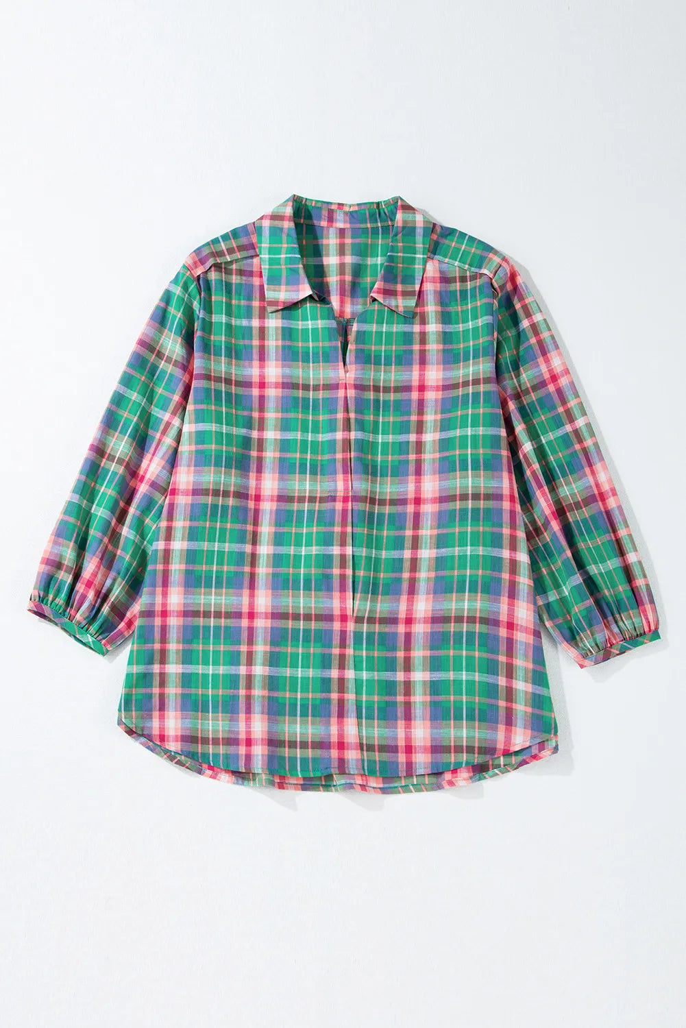 Plaid Collared Neck Three-Quarter Sleeve Blouse-TOPS / DRESSES-[Adult]-[Female]-2022 Online Blue Zone Planet