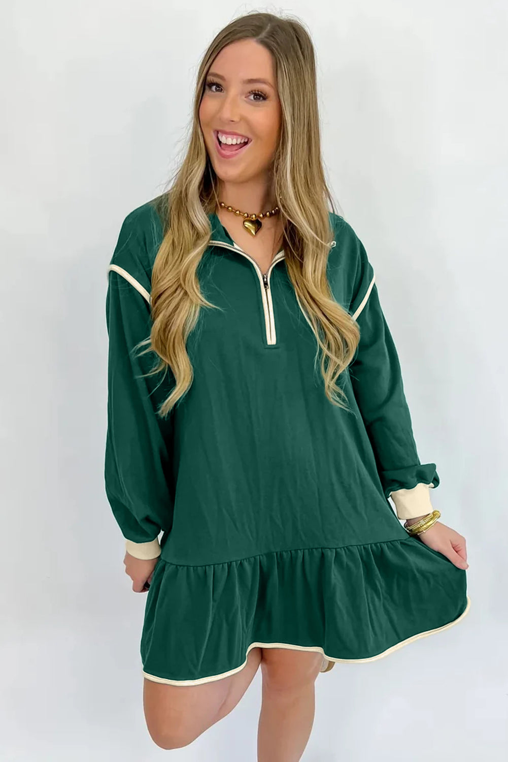 Evergreen Contrast Trim Zip Collar Long Sleeve Ruffle Hem Mini Dress