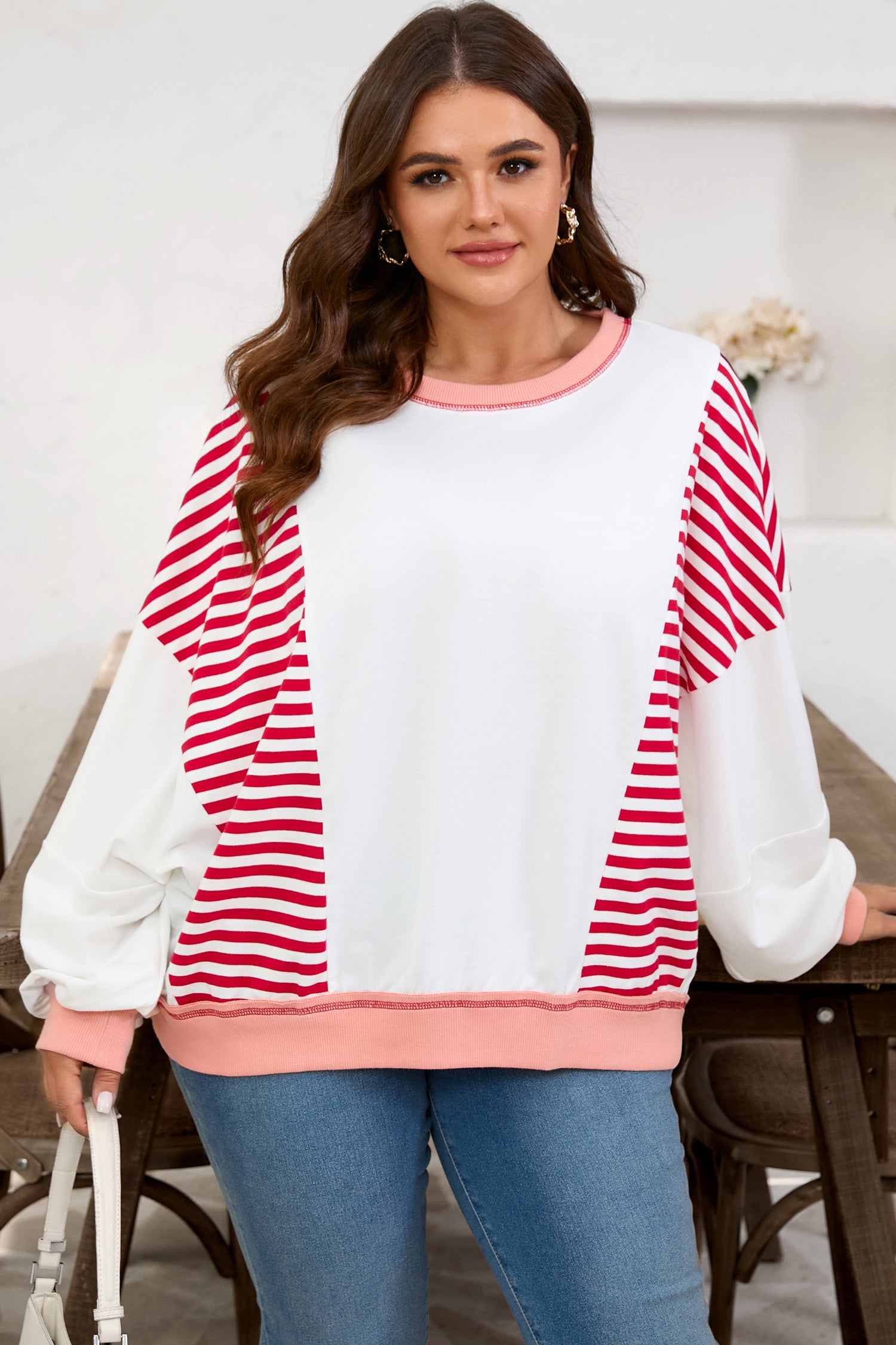 Red Stripe Color Block Patchwork Seam Detail Plus Size Sweatshirt-Plus Size/Plus Size Sweatshirts & Hoodies-[Adult]-[Female]-2022 Online Blue Zone Planet