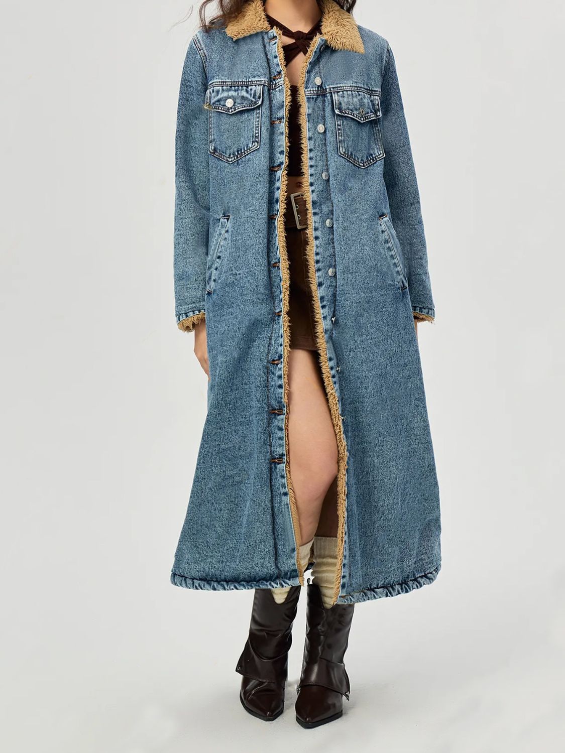 Blue Zone Planet | Pocketed Button Up Denim Jacket with Fur Lining-TOPS / DRESSES-[Adult]-[Female]-Medium-XS-2022 Online Blue Zone Planet