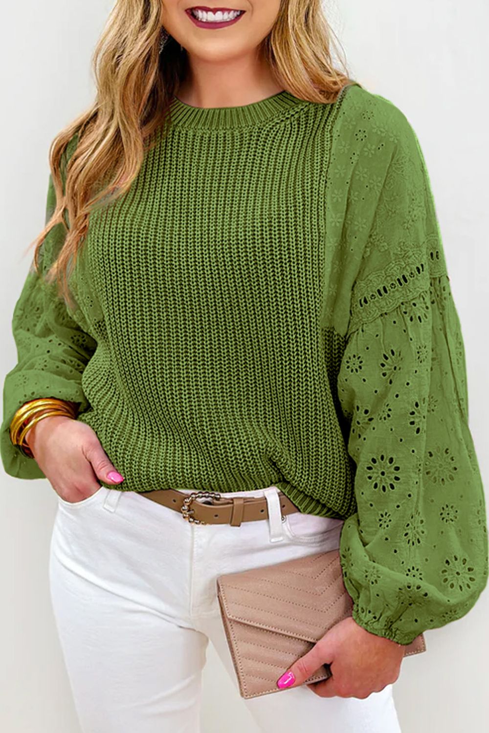 Eyelet Round Neck Drop Shoulder Sweater-TOPS / DRESSES-[Adult]-[Female]-Green-S-2022 Online Blue Zone Planet