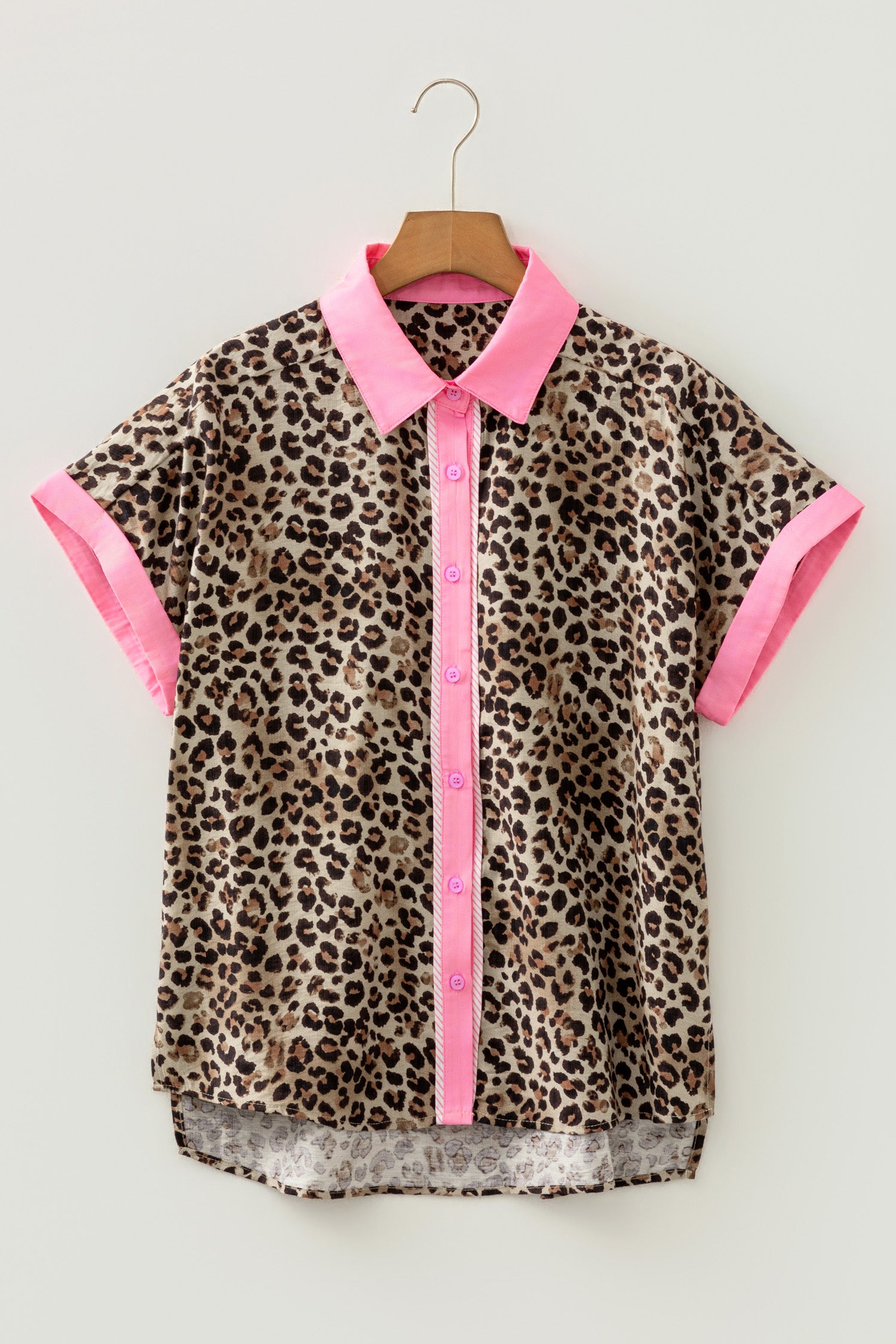Leopard Print Contrasted Trim Animal Short Sleeve Shirt-Tops/Blouses & Shirts-[Adult]-[Female]-2022 Online Blue Zone Planet