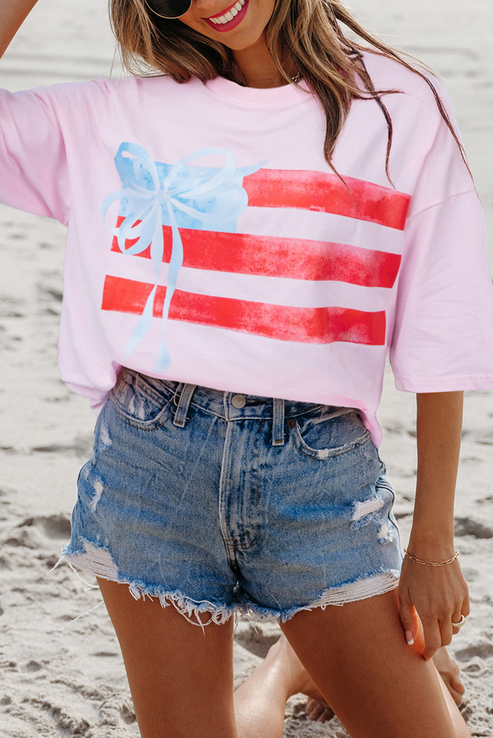Light Pink Flag Bow Graphic Crewneck Tee-Tops/Tops & Tees-[Adult]-[Female]-2022 Online Blue Zone Planet
