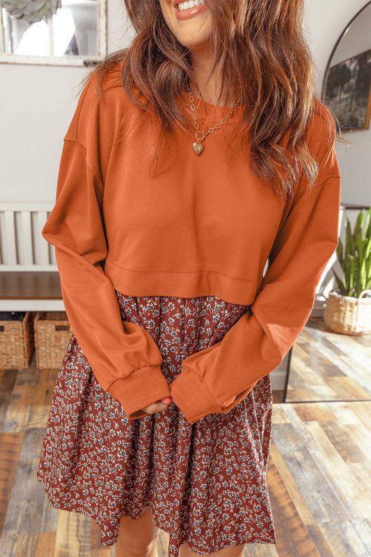 Orange Solid Long Sleeve Top Patchwork Floral Flared 2-in-1 Mini Dress-Dresses/Mini Dresses-[Adult]-[Female]-Orange-S-2022 Online Blue Zone Planet