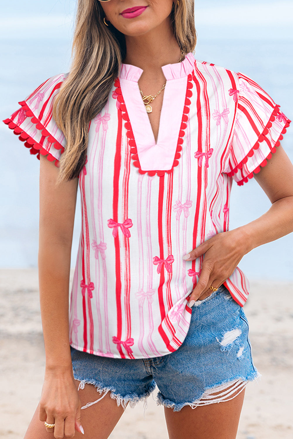 Pink Ric-Rac Trim Ruffled Sleeve V Neck Bow Striped Printed Blouse-Tops/Blouses & Shirts-[Adult]-[Female]-2022 Online Blue Zone Planet