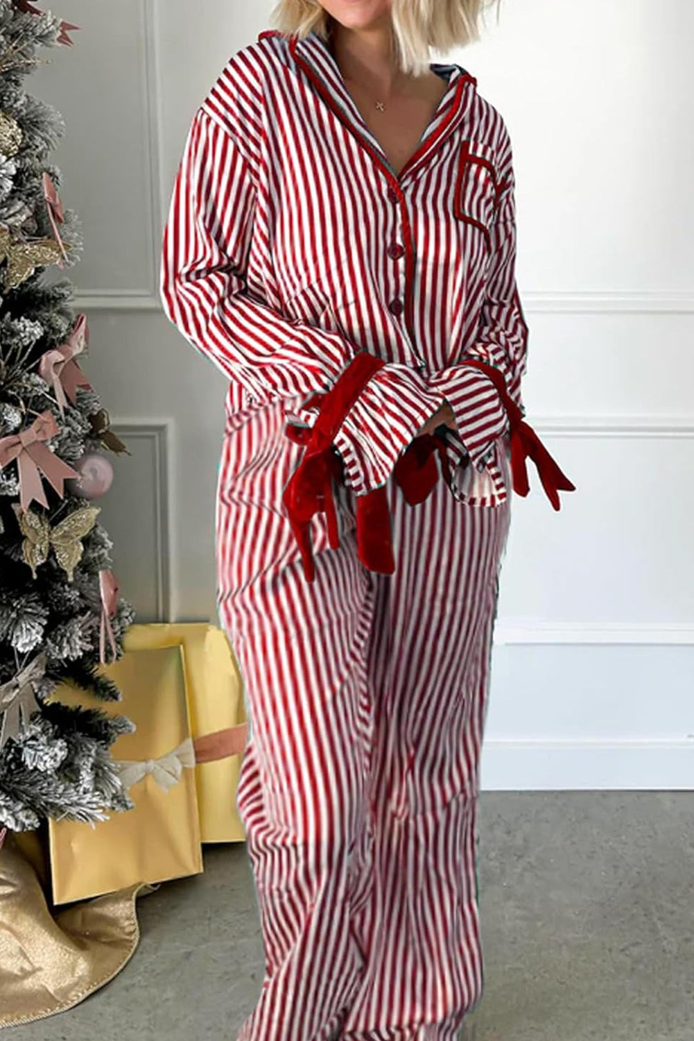 Red Striped Contrast Velvet Trim Knot Waist Pajama Set-Loungewear Set-[Adult]-[Female]-2022 Online Blue Zone Planet