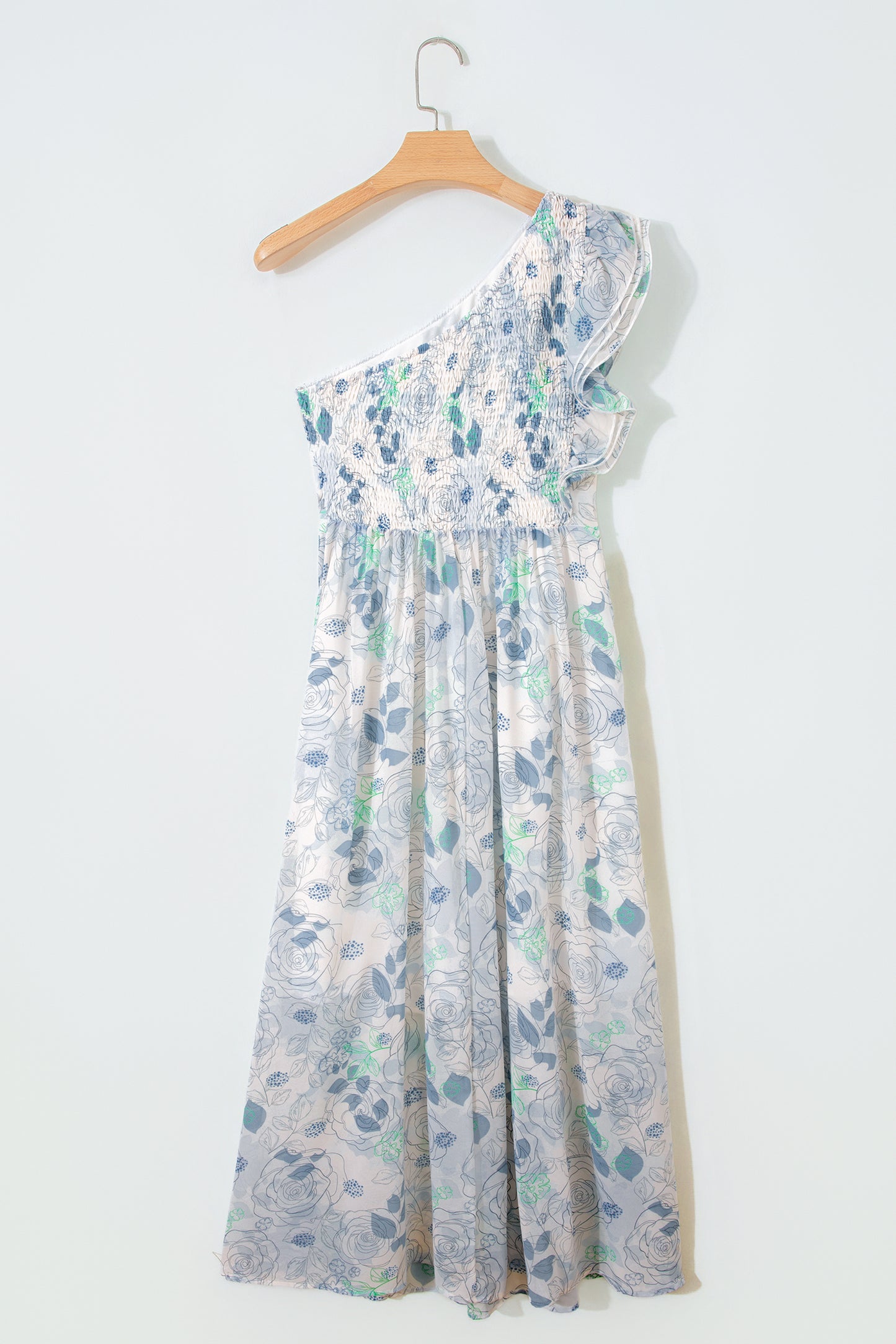 Sky Blue Floral Print Ruffled One Shoulder Vacation Maxi Dress-TOPS / DRESSES-[Adult]-[Female]-2022 Online Blue Zone Planet